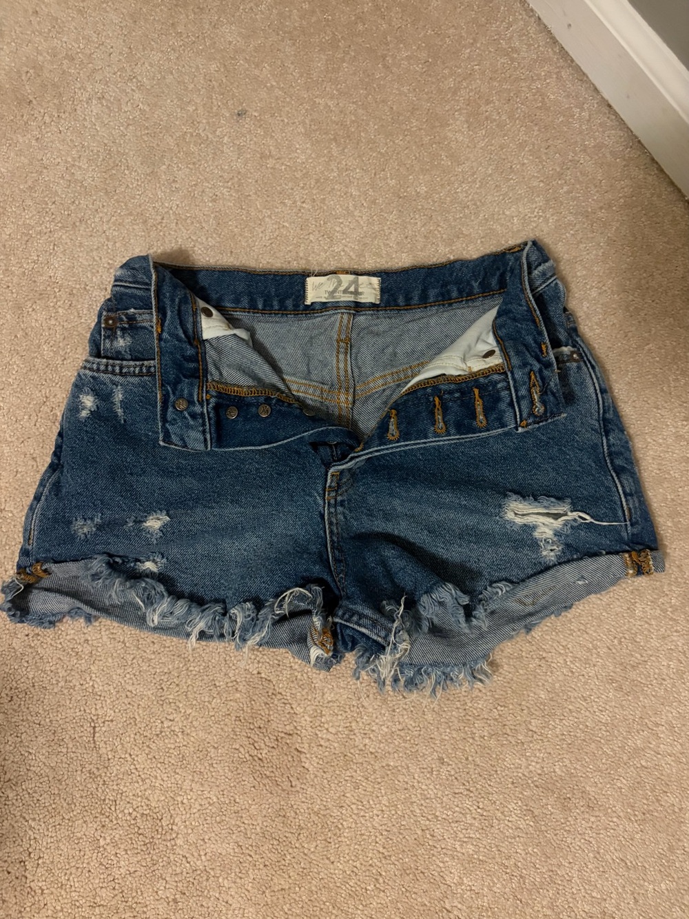 Free People Distressed Dark Blue High-Rise Denim Shorts